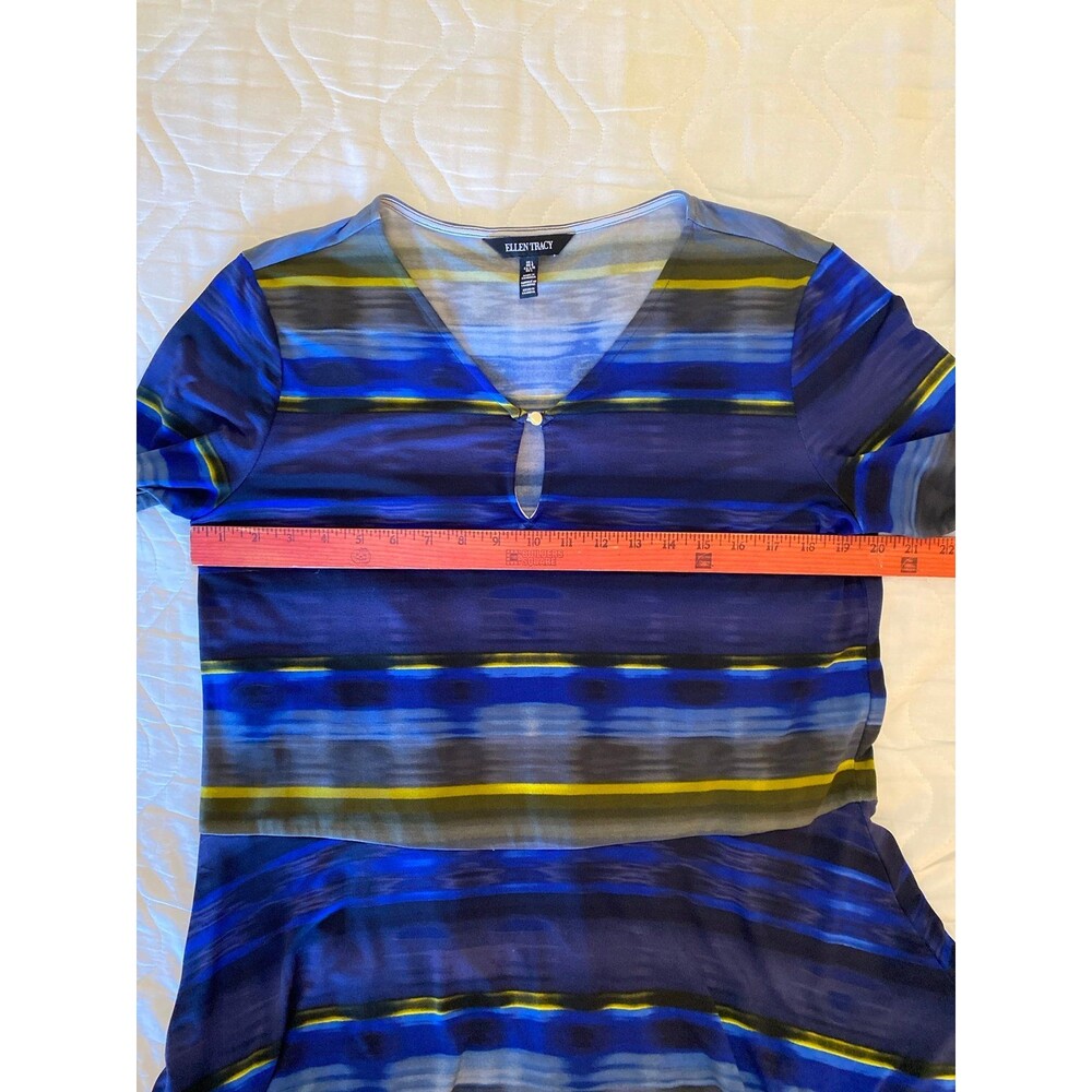 Ellen Tracy Blouse Sz Large Top Blue Green Bell Sleeves Flare Bottom + Stretch - Picture 9 of 10